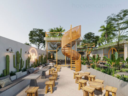 Setup quán cafe sân vườn phong cách hiện đại